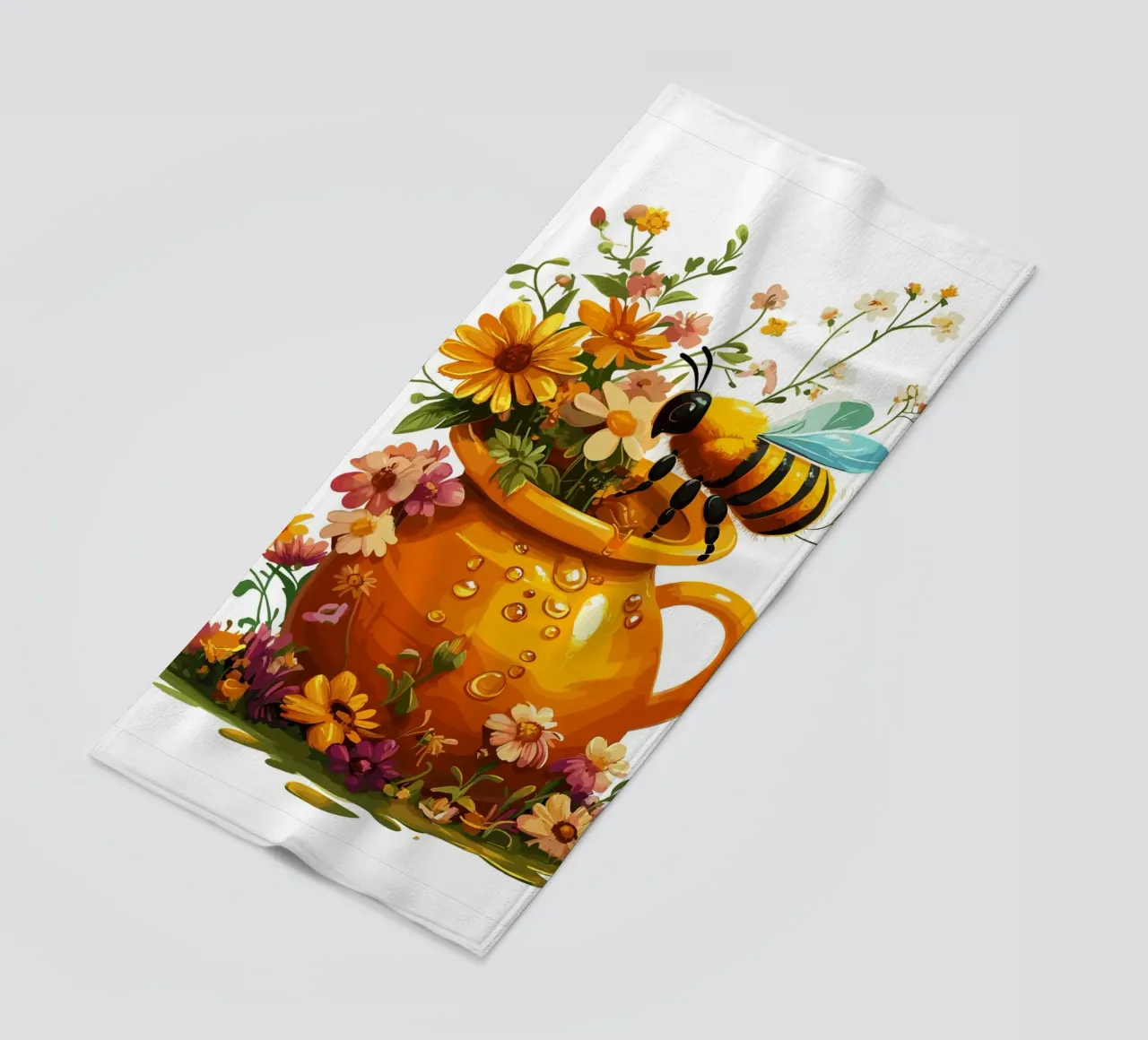 Vasetto di miele con ape e fiori estivi telo mare da pixelbull - medieval art and more