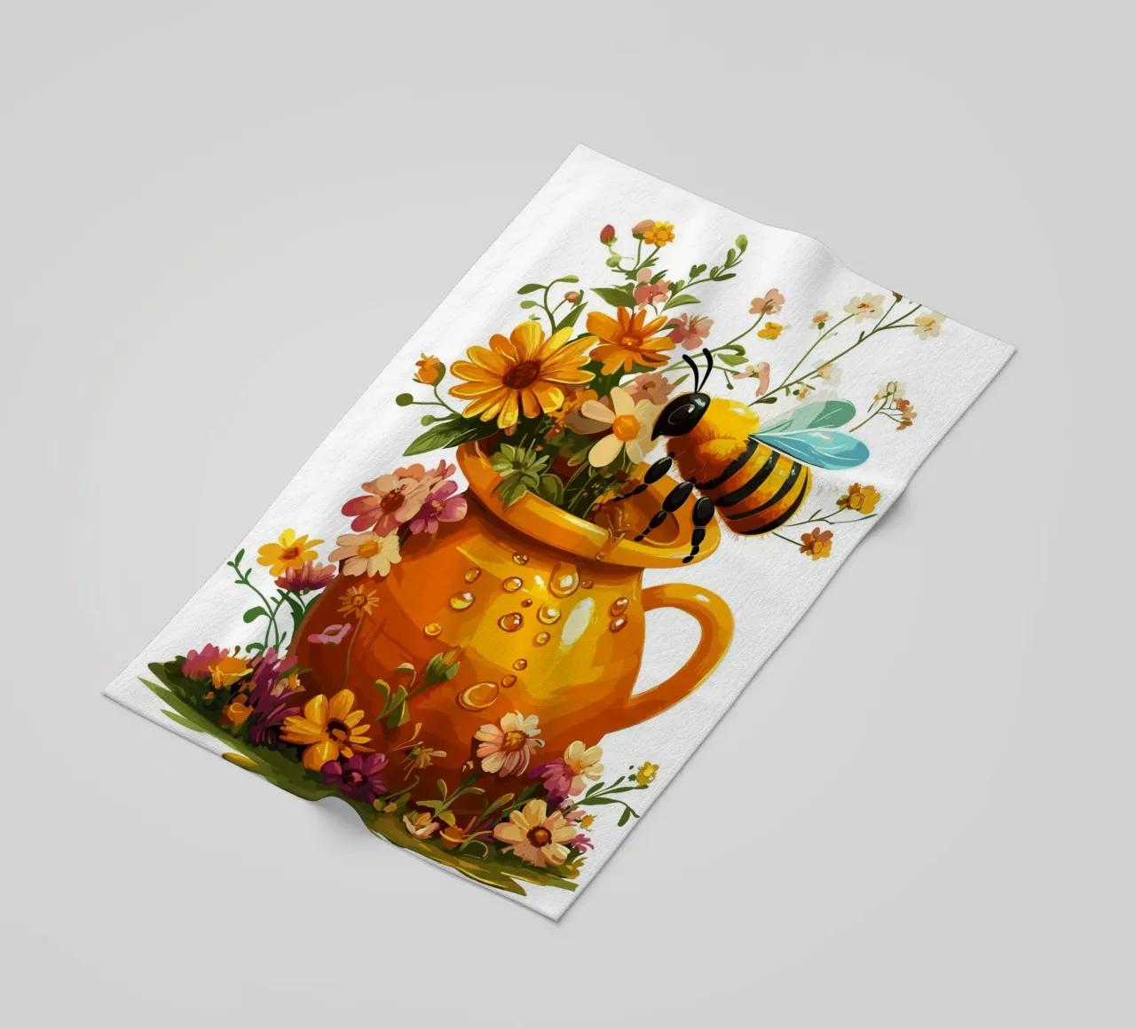 Vasetto di miele con ape e fiori estivi telo mare da pixelbull - medieval art and more