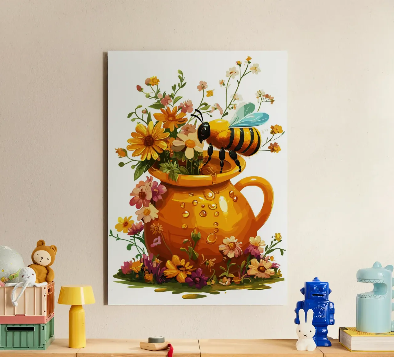 Vasetto di miele con ape e fiori estivi alluminio dibond da pixelbull - medieval art and more