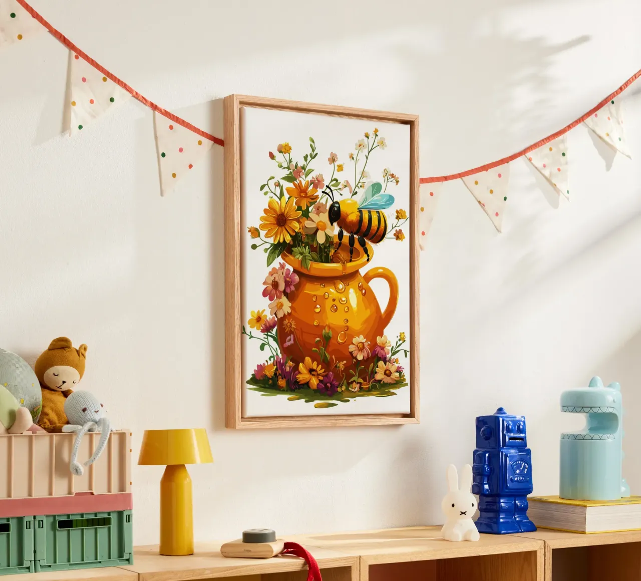 Vasetto di miele con ape e fiori estivi tela da pixelbull - medieval art and more