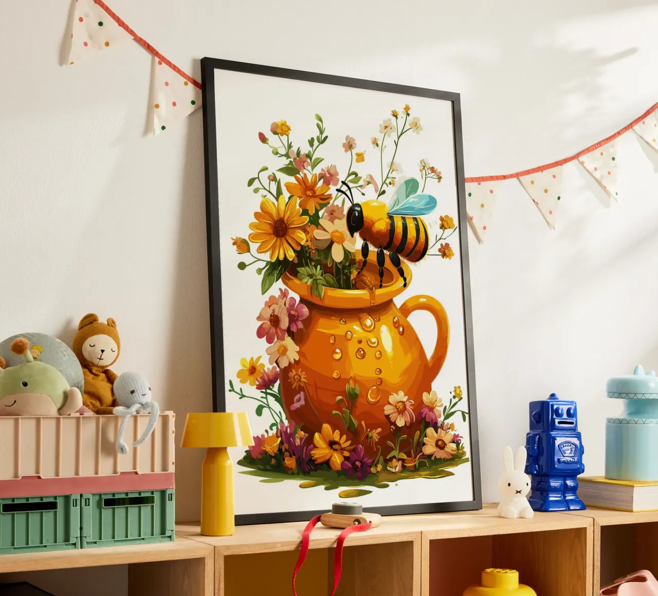 Vasetto di miele con ape e fiori estivi carta hahnemühle da pixelbull - medieval art and more