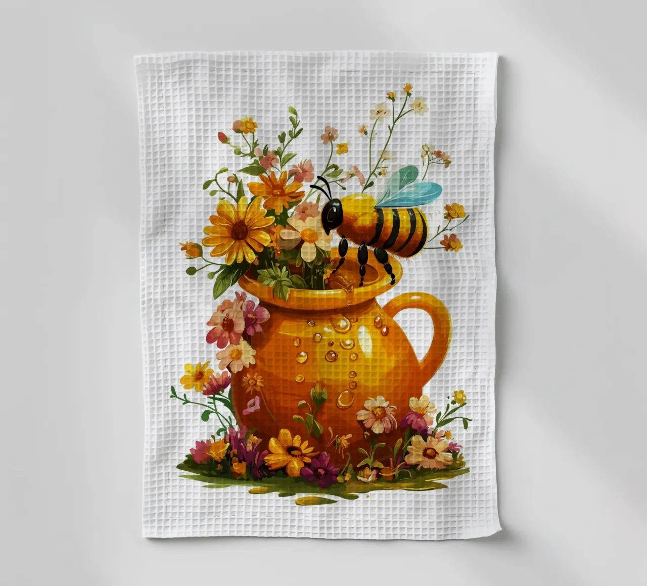 Vasetto di miele con ape e fiori estivi canovaccio da cucina da pixelbull - medieval art and more