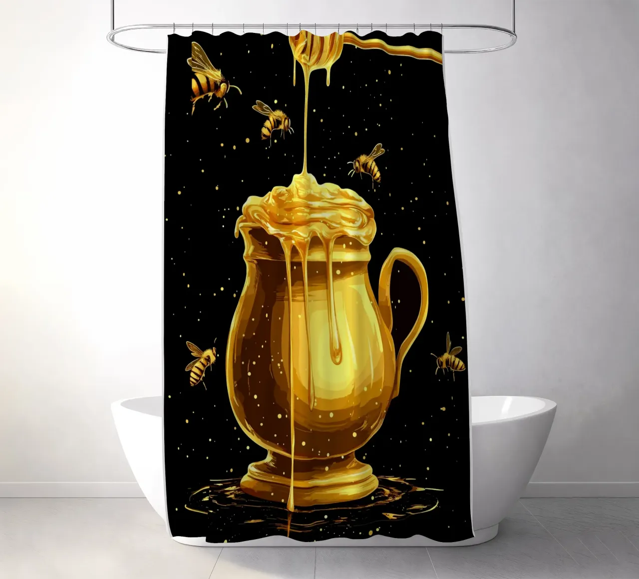 Vasetto di miele dorato con cucchiaio per sgocciolare tenda da doccia da pixelbull - medieval art and more