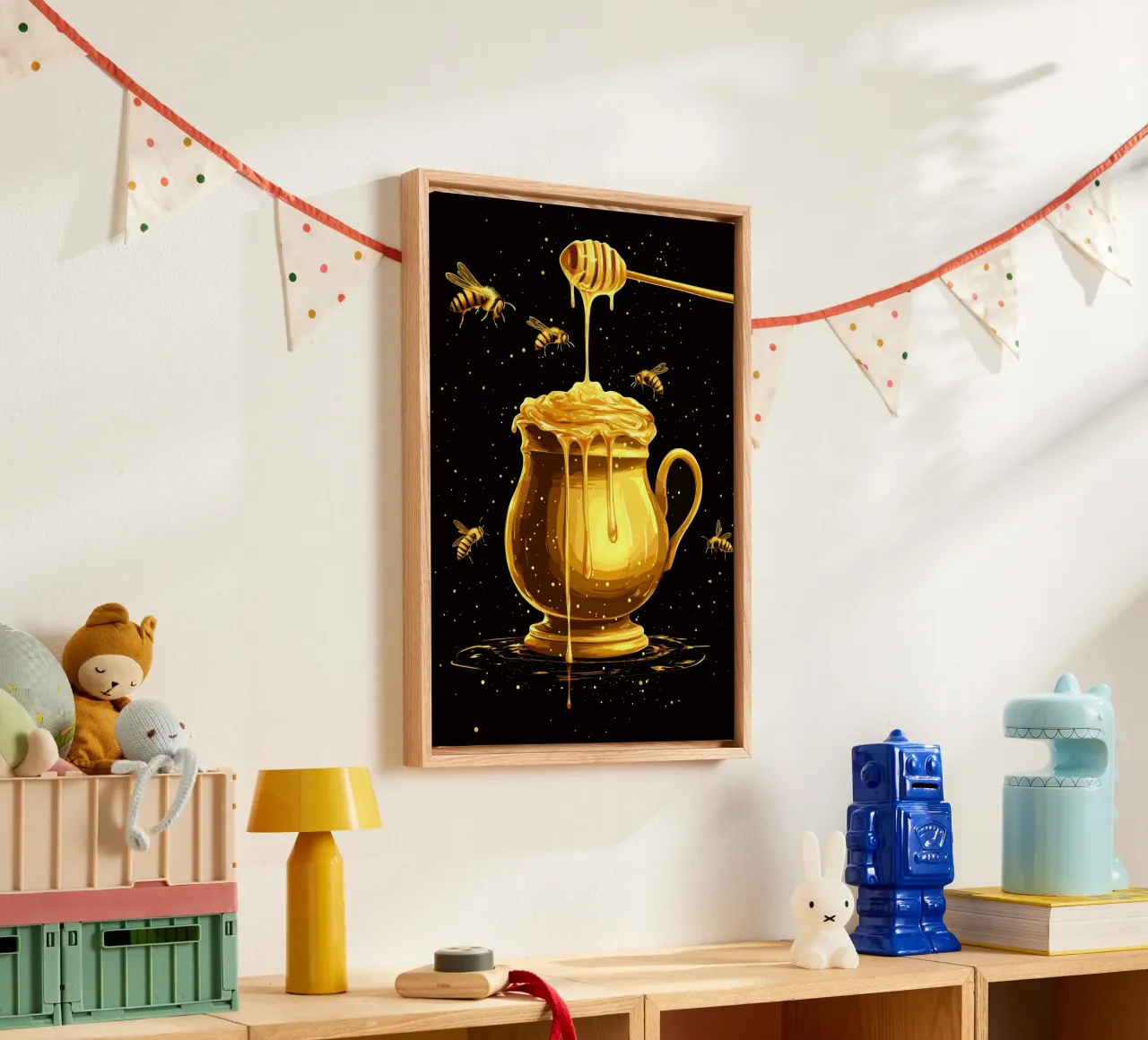 Vasetto di miele dorato con cucchiaio per sgocciolare tela con Cornice a cassetta da pixelbull - medieval art and more