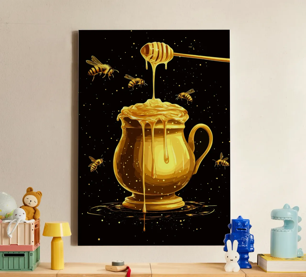 Vasetto di miele dorato con cucchiaio per sgocciolare tela con Cornice a cassetta da pixelbull - medieval art and more