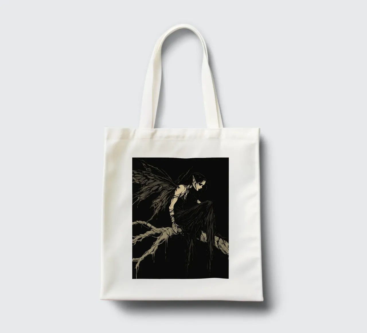 Fata nera con ali strappate su un ramo borsa in juta da pixelbull - medieval art and more