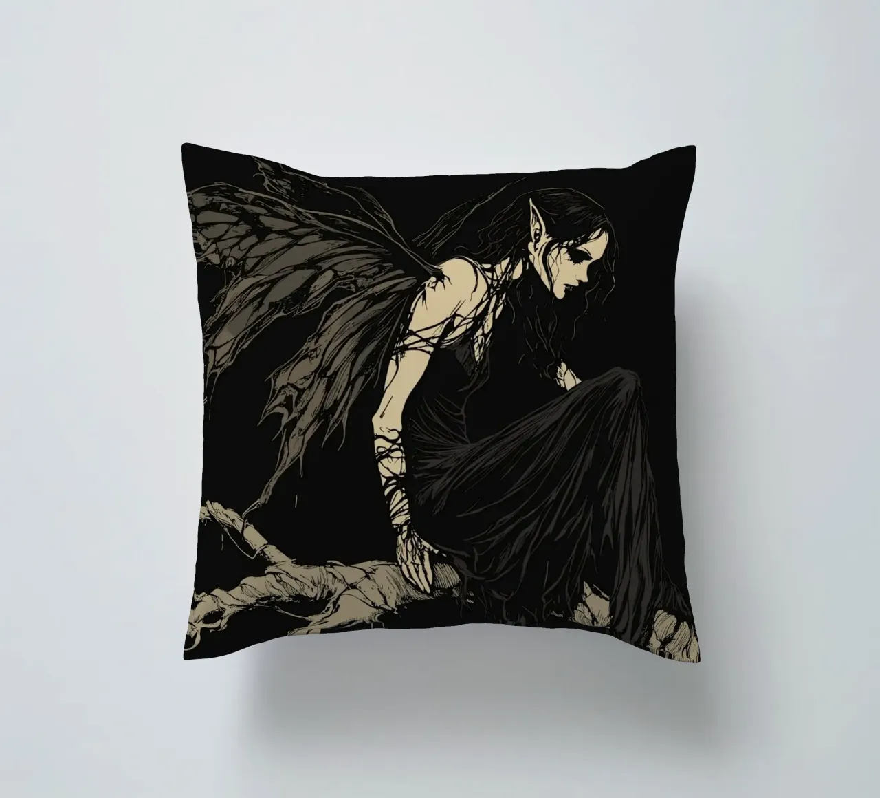 Fata nera con ali strappate su un ramo cuscino da pixelbull - medieval art and more