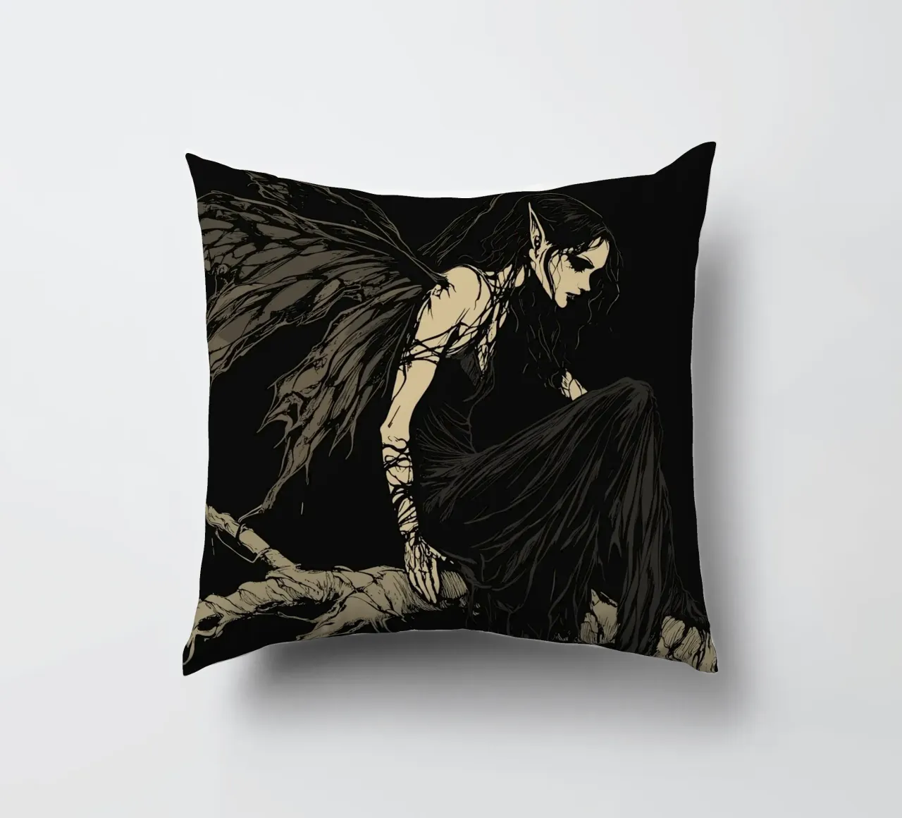 Fata nera con ali strappate su un ramo cuscino da pixelbull - medieval art and more