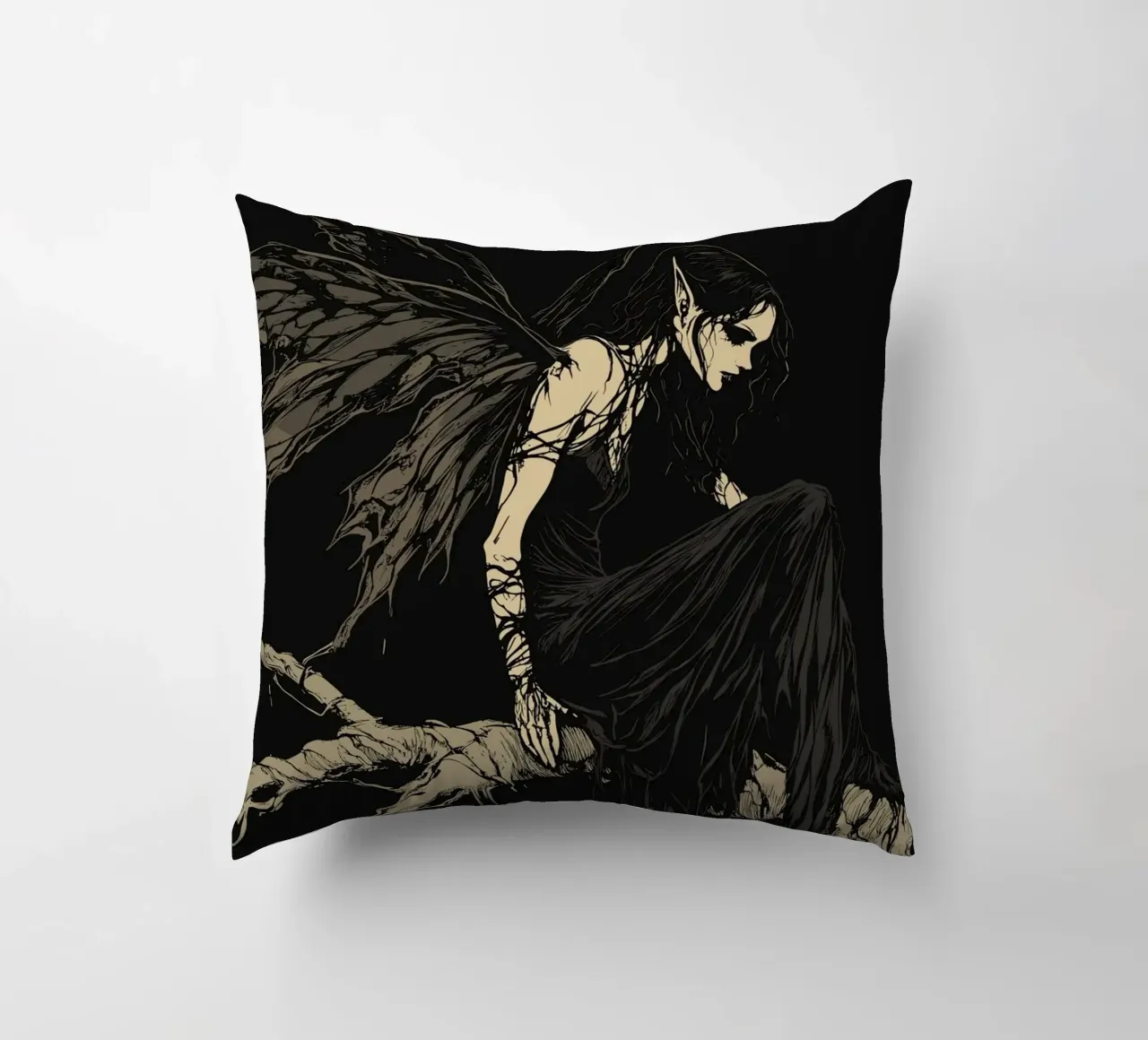 Fata nera con ali strappate su un ramo cuscino da pixelbull - medieval art and more