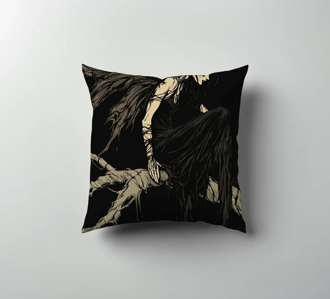 Fata nera con ali strappate su un ramo cuscino da pixelbull - medieval art and more