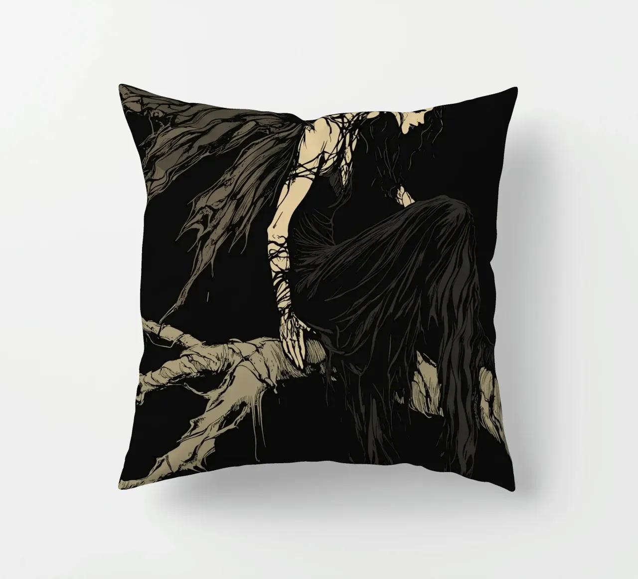 Fata nera con ali strappate su un ramo cuscino da pixelbull - medieval art and more