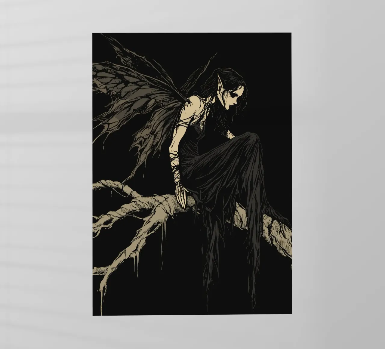 Fata nera con ali strappate su un ramo pellicola backlit da pixelbull - medieval art and more