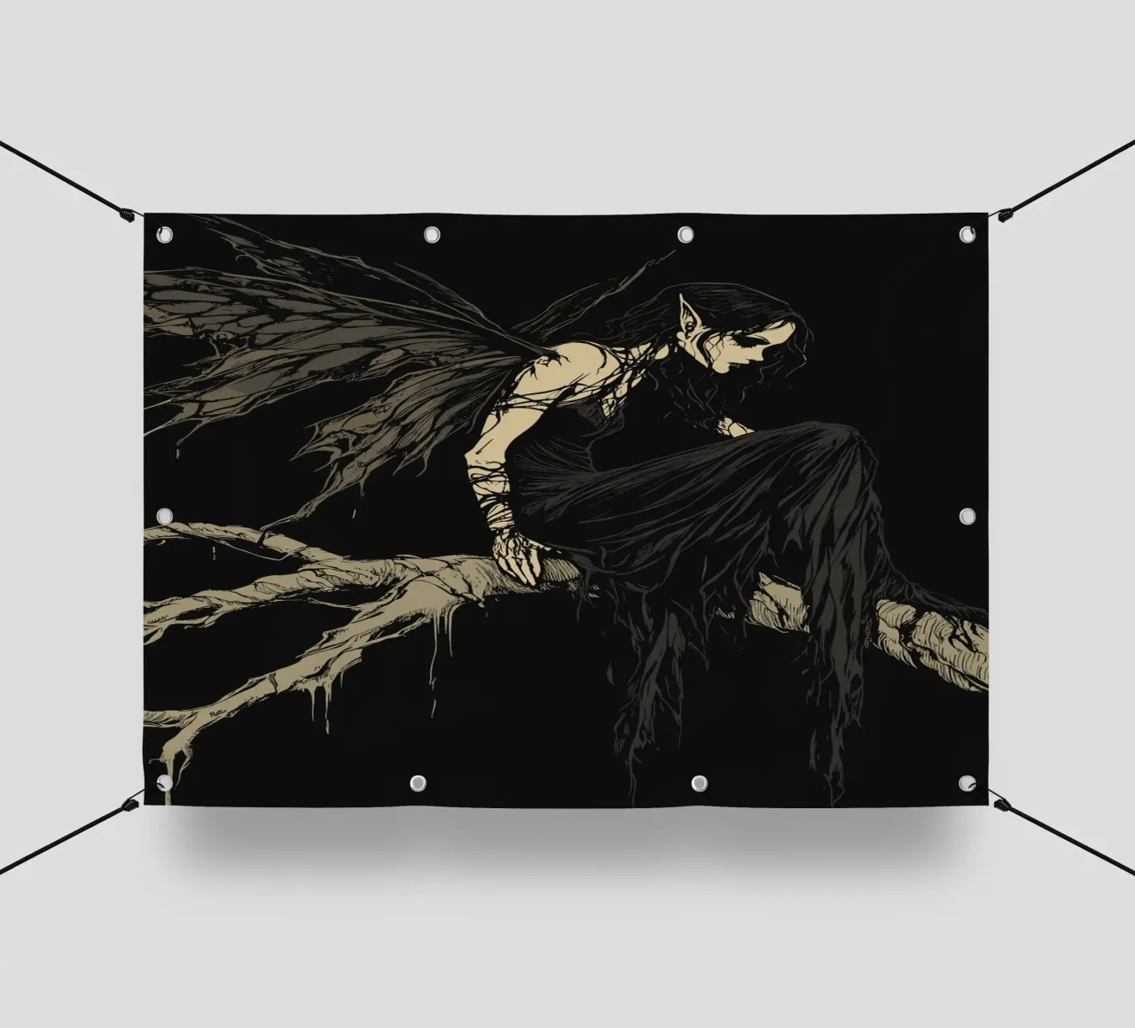 Fata nera con ali strappate su un ramo telo in pvc da pixelbull - medieval art and more