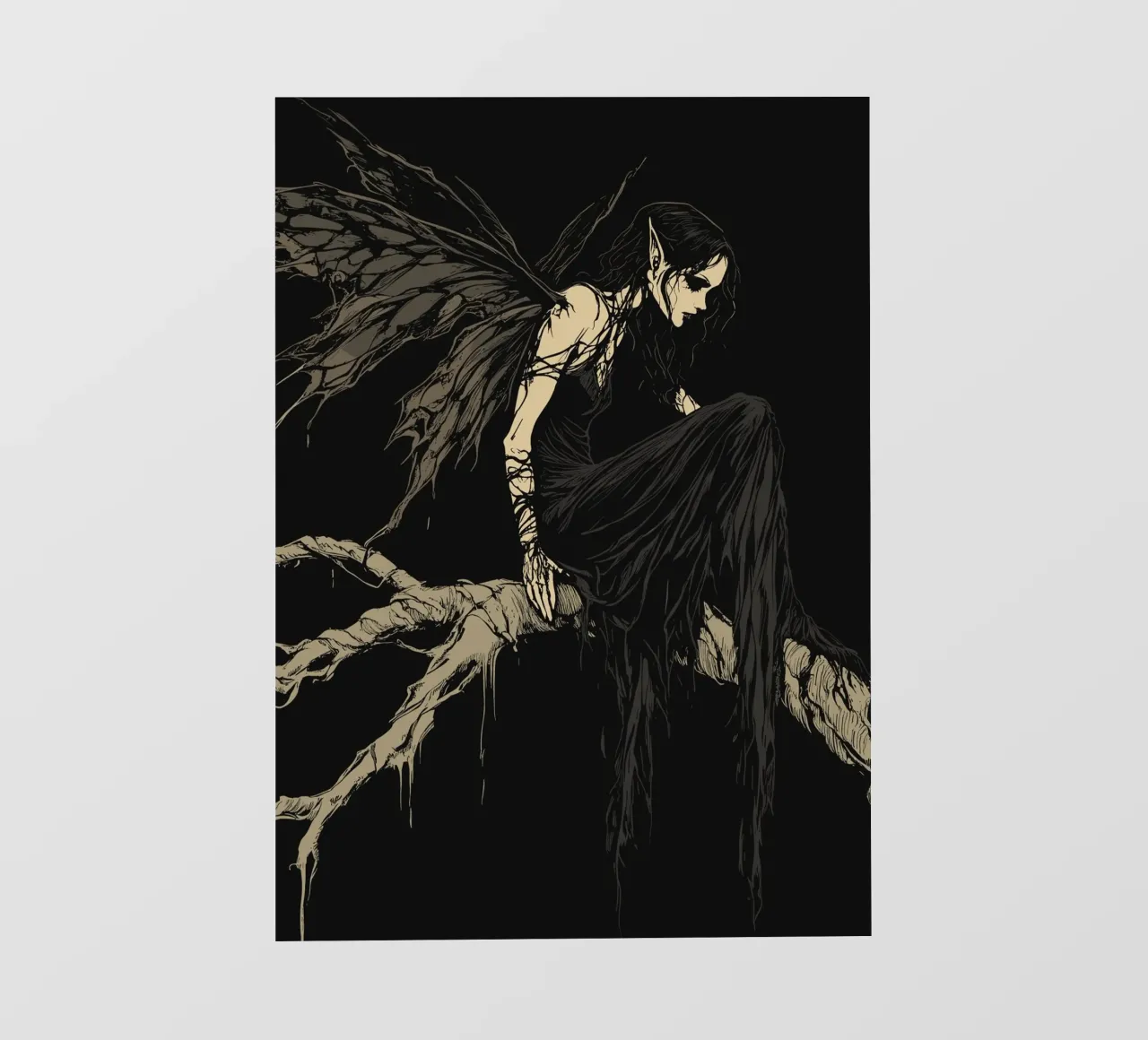 Fata nera con ali strappate su un ramo telo in pvc da pixelbull - medieval art and more