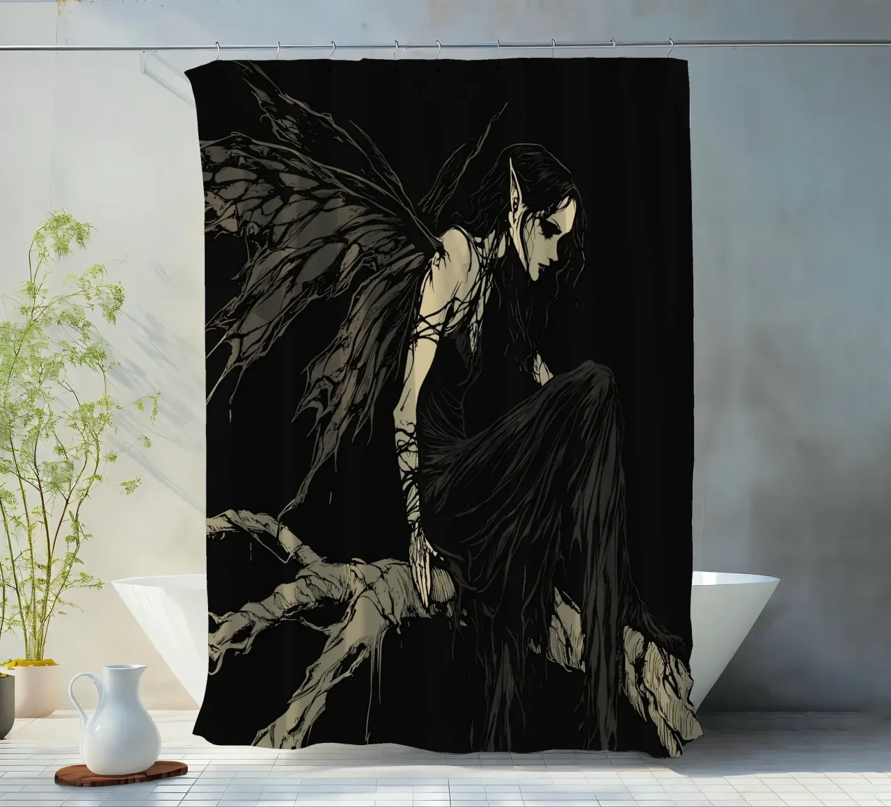 Fata nera con ali strappate su un ramo tenda da doccia da pixelbull - medieval art and more