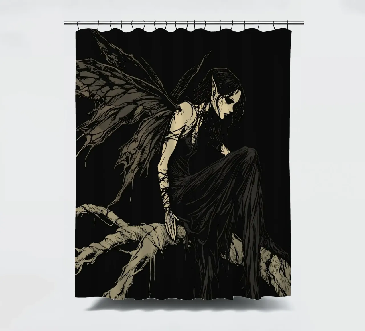 Fata nera con ali strappate su un ramo tenda da doccia da pixelbull - medieval art and more
