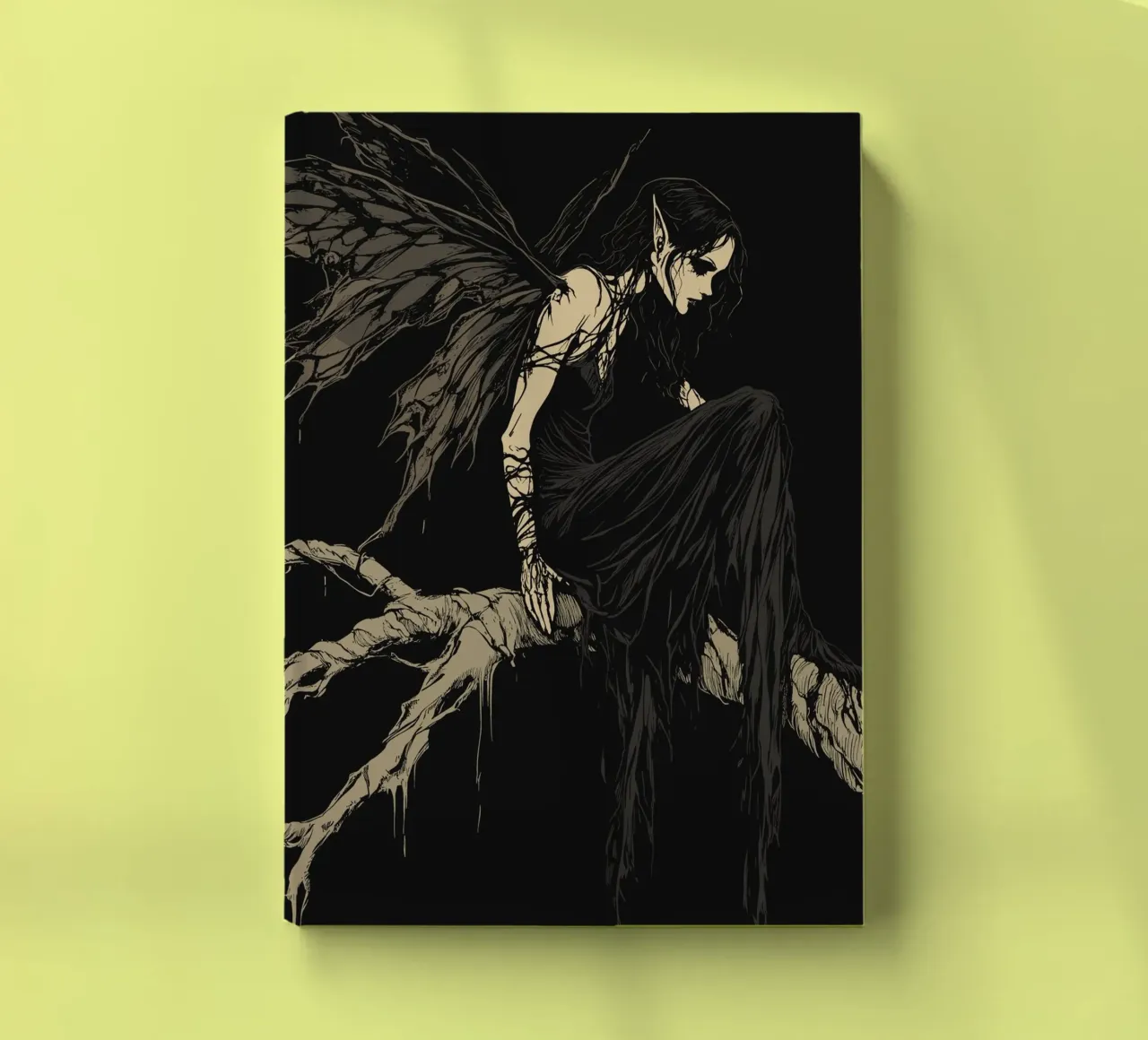 Fata nera con ali strappate su un ramo diario da pixelbull - medieval art and more