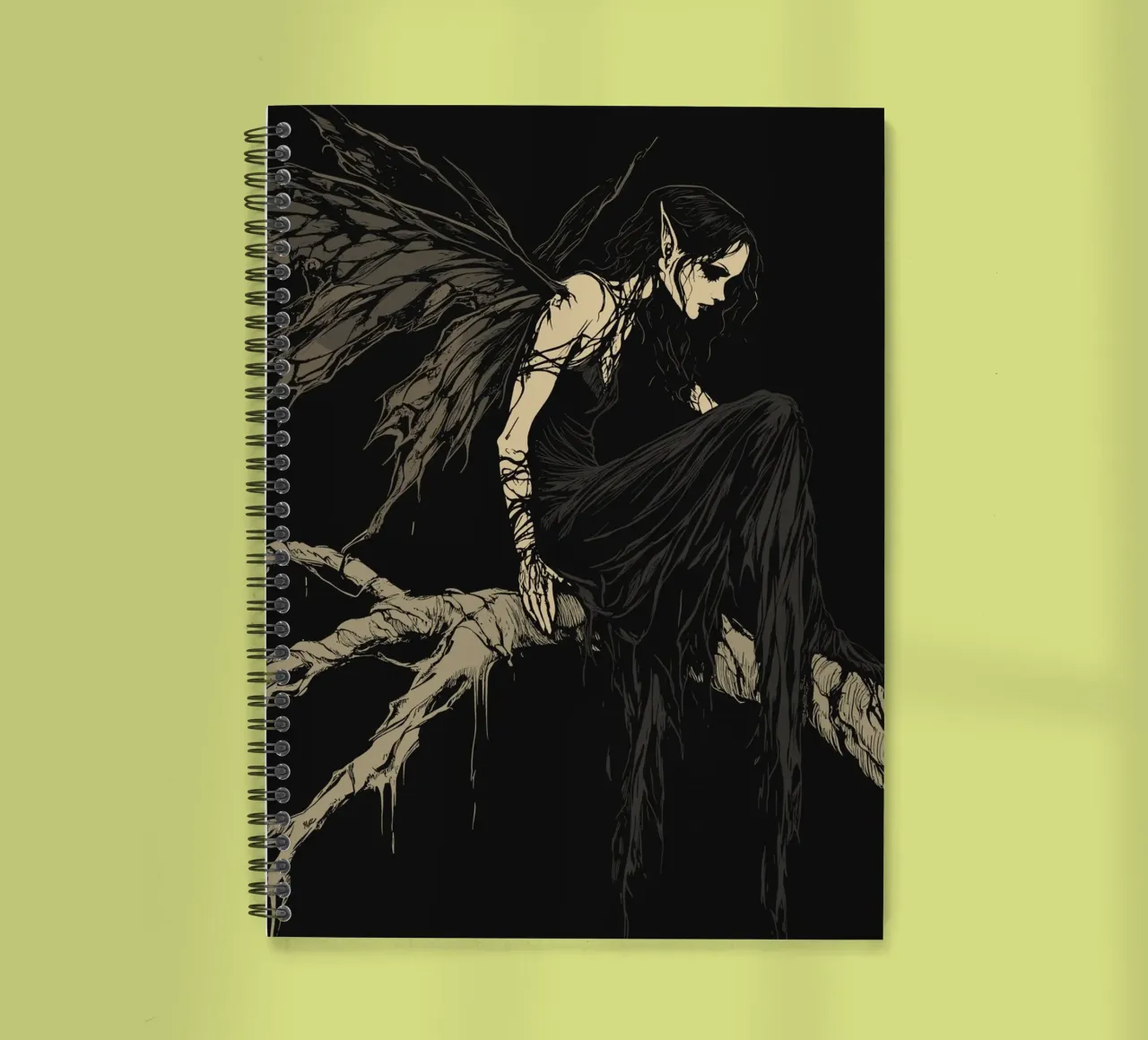 Fata nera con ali strappate su un ramo diario ad anelli da pixelbull - medieval art and more
