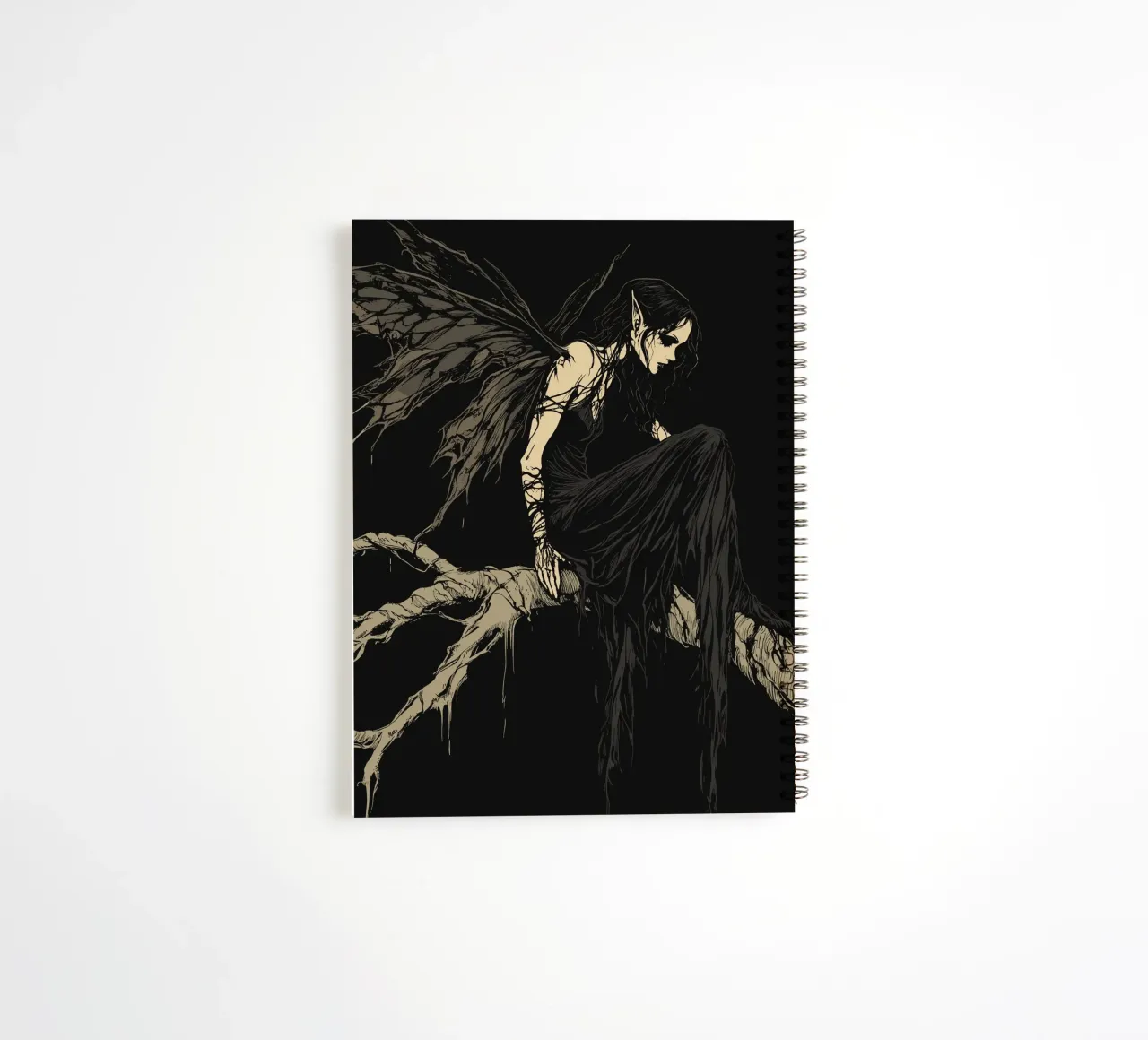 Fata nera con ali strappate su un ramo diario ad anelli da pixelbull - medieval art and more