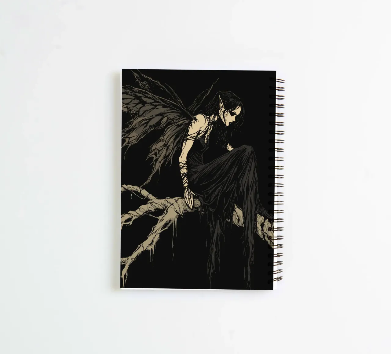 Fata nera con ali strappate su un ramo diario ad anelli da pixelbull - medieval art and more