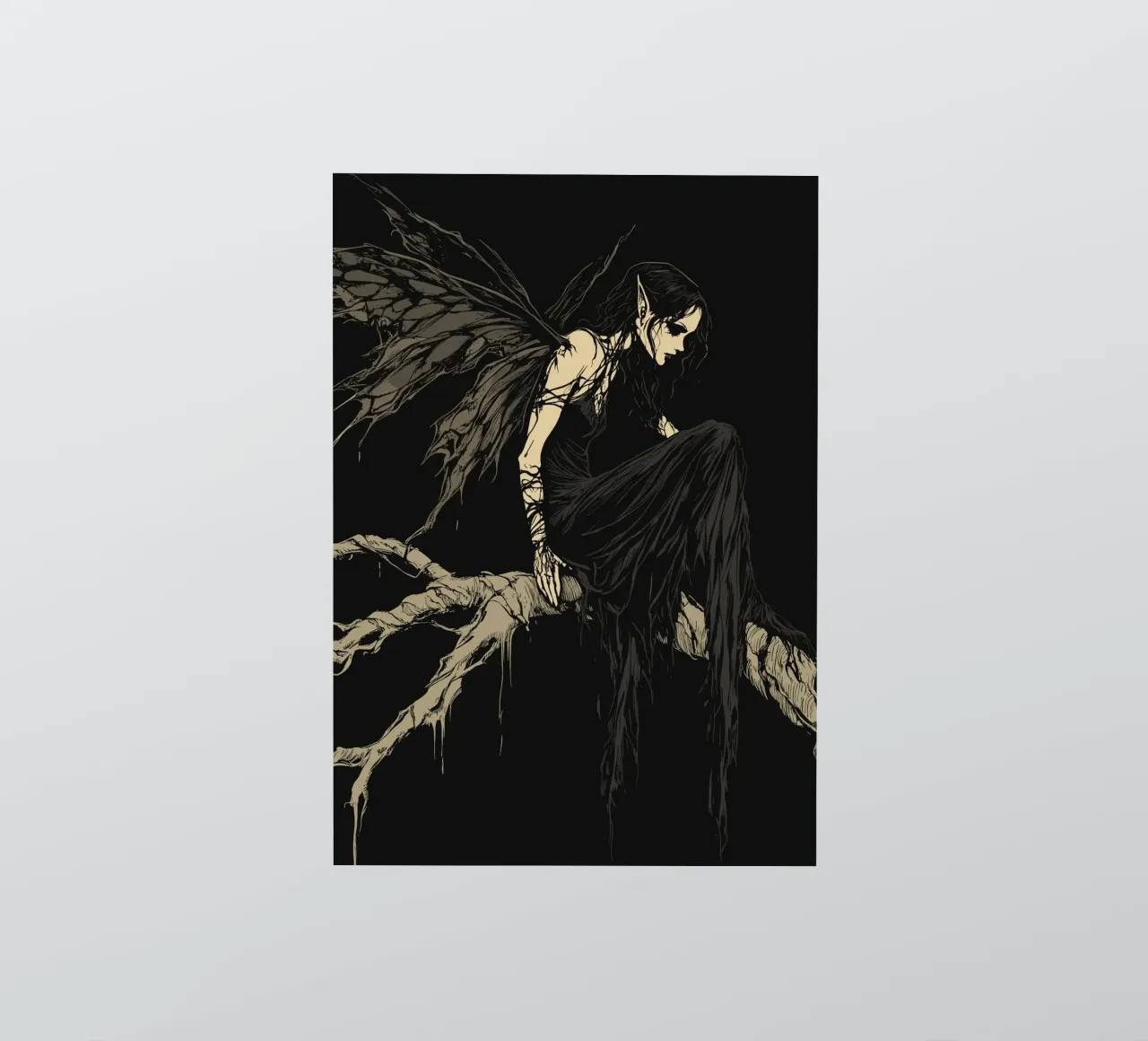 Fata nera con ali strappate su un ramo adesivo da pixelbull - medieval art and more