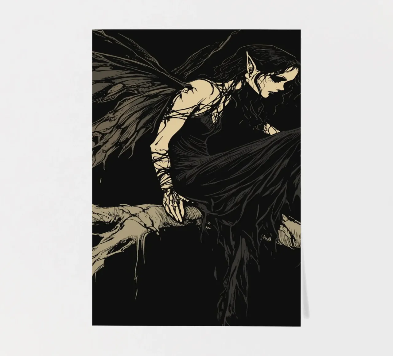 Fata nera con ali strappate su un ramo foglio adesivo da pixelbull - medieval art and more