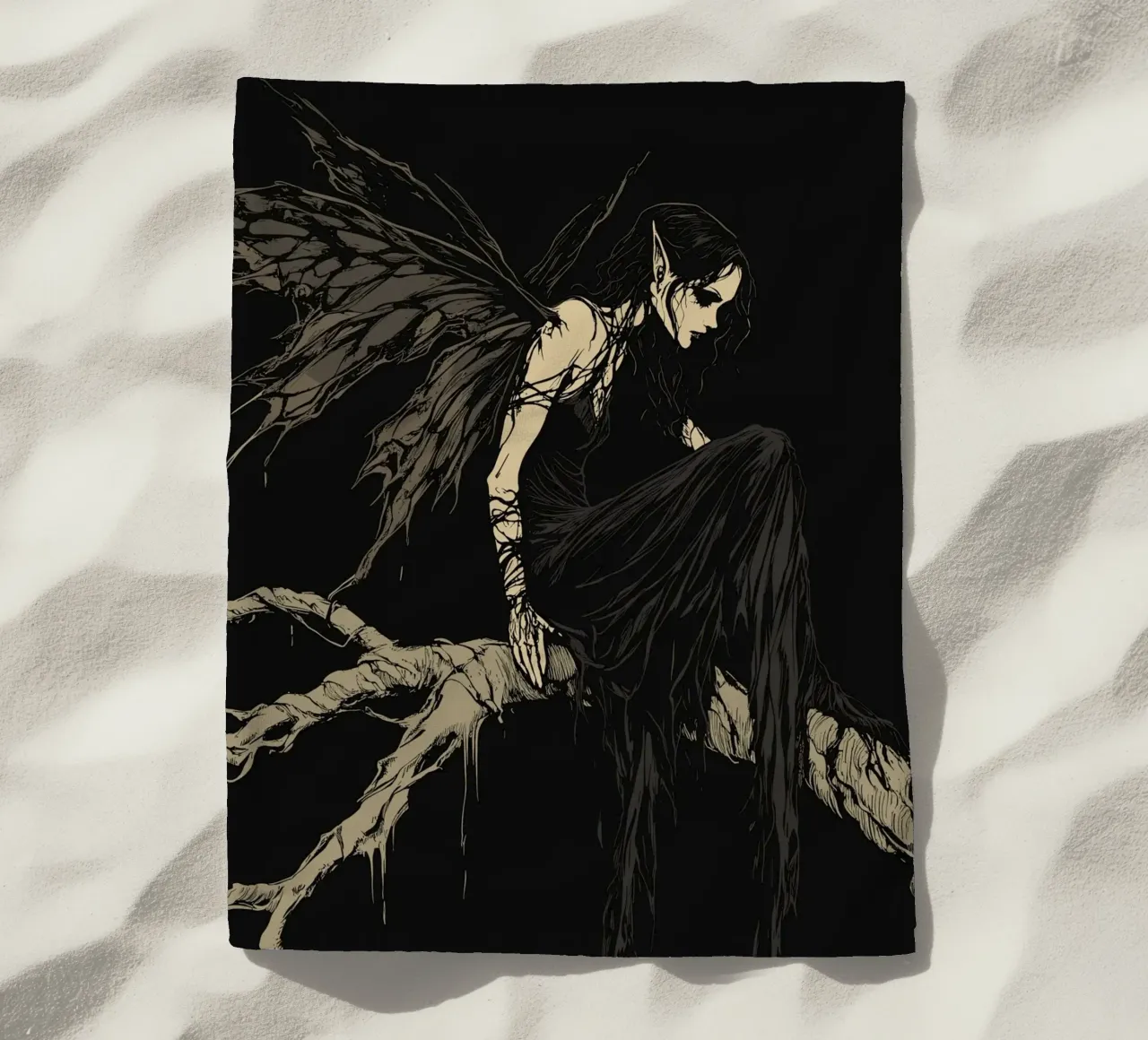 Fata nera con ali strappate su un ramo telo mare da pixelbull - medieval art and more