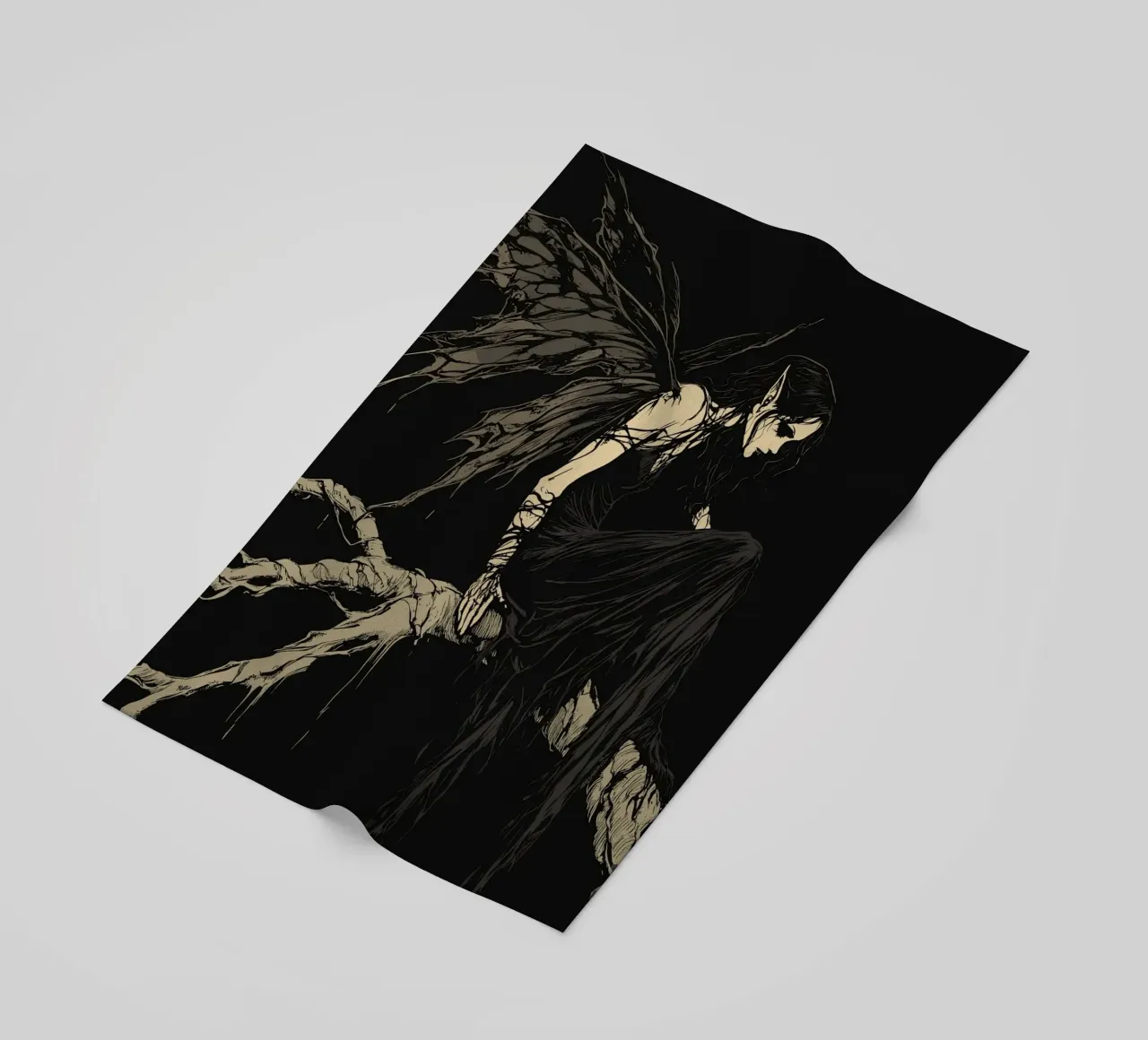 Fata nera con ali strappate su un ramo telo mare da pixelbull - medieval art and more