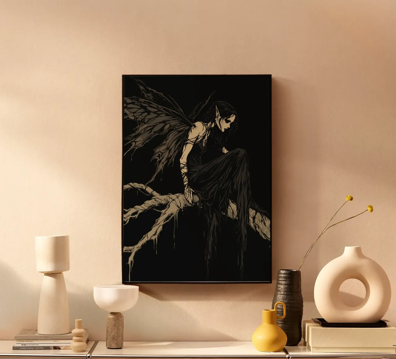 Fata nera con ali strappate su un ramo plexiglass da pixelbull - medieval art and more