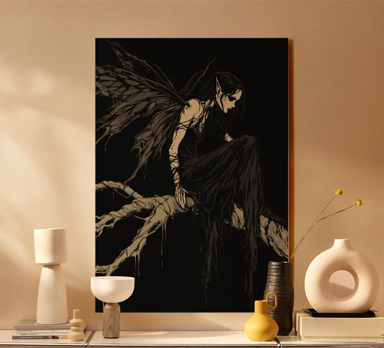 Fata nera con ali strappate su un ramo plexiglass da pixelbull - medieval art and more