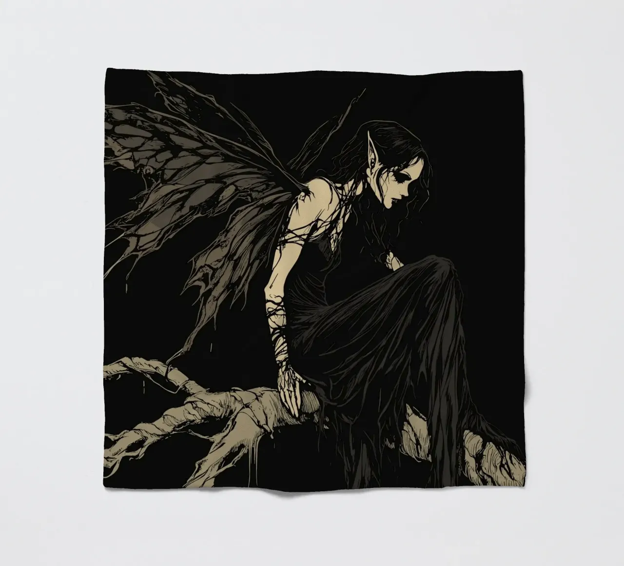 Fata nera con ali strappate su un ramo coperta in pile da pixelbull - medieval art and more