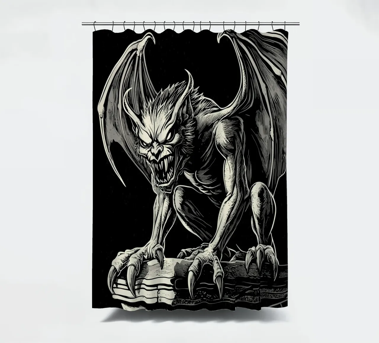 Gargoyle with bared teeth on a column shower curtain by pixelbull - medieval art and more