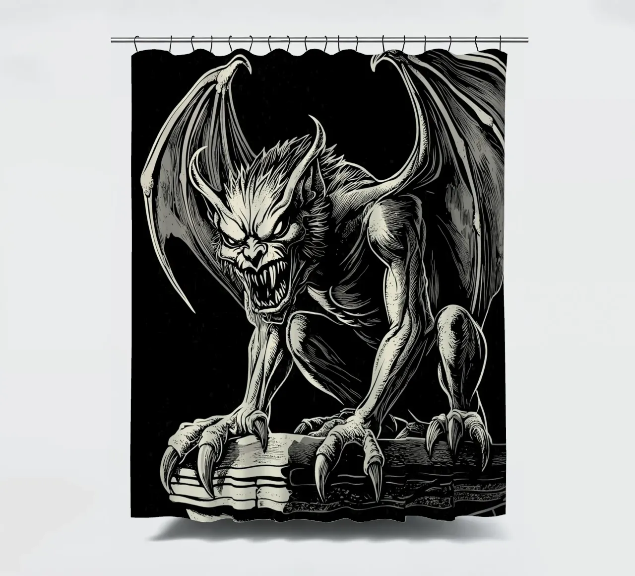 Gargoyle with bared teeth on a column shower curtain by pixelbull - medieval art and more