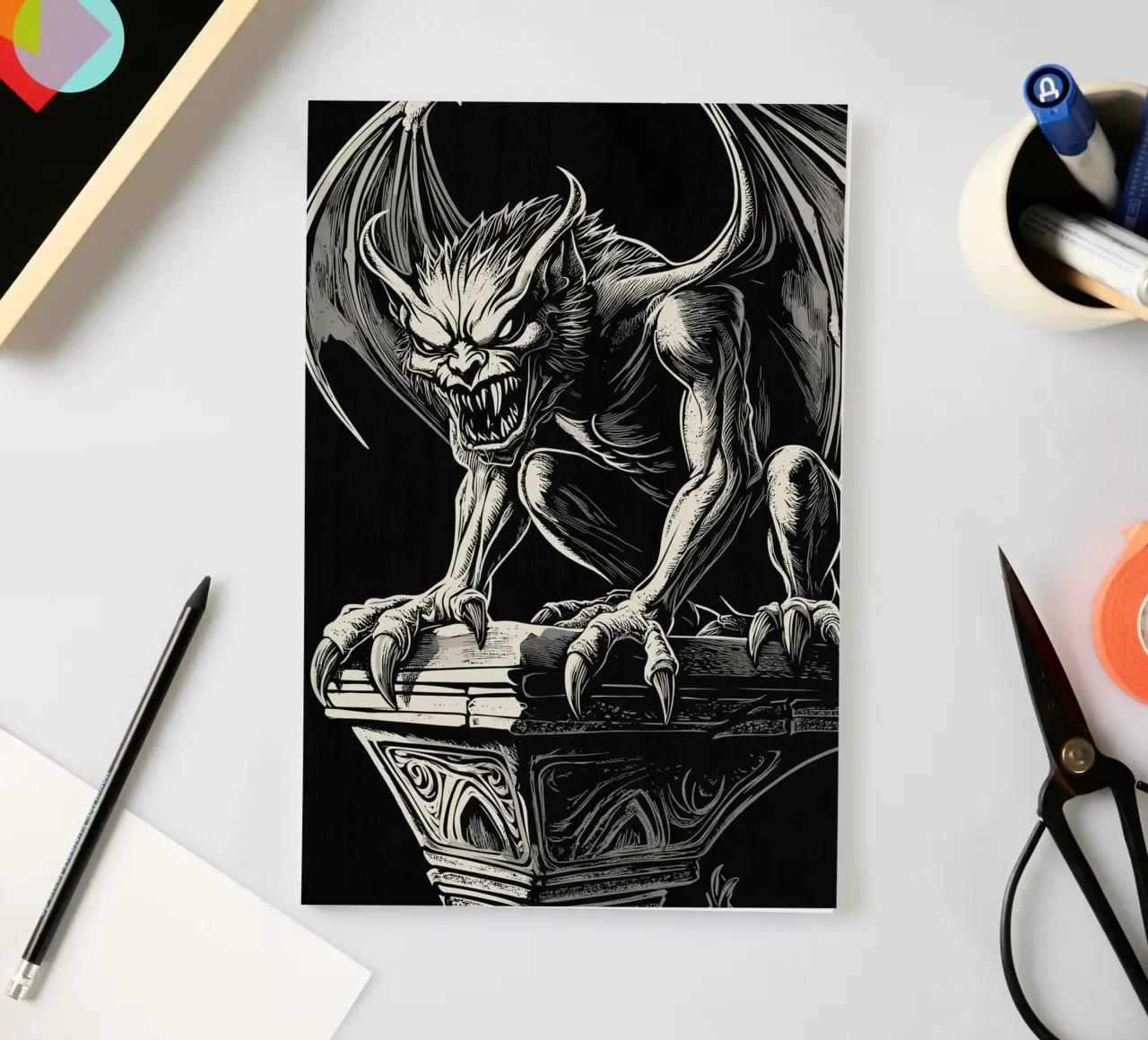 Gargoyle with bared teeth on a column notebook by pixelbull - medieval art and more