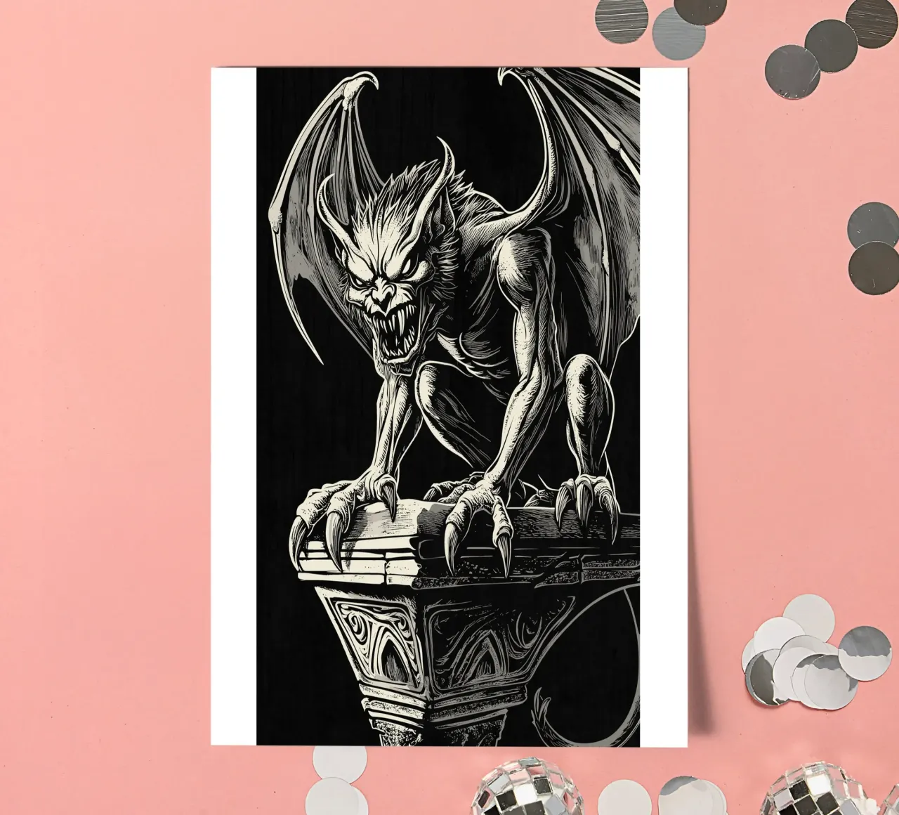 Gargoyle with bared teeth on a column sticker sheet by pixelbull - medieval art and more
