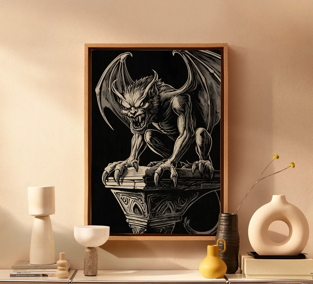 Gargoyle with bared teeth on a column canvas by pixelbull - medieval art and more