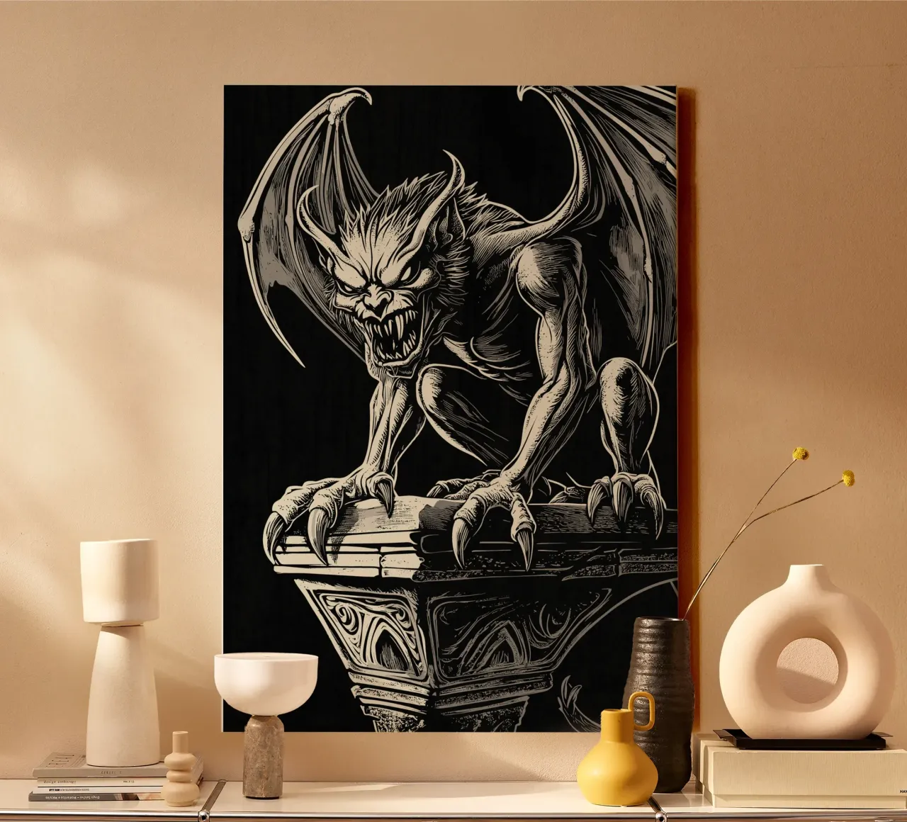 Gargoyle with bared teeth on a column canvas by pixelbull - medieval art and more