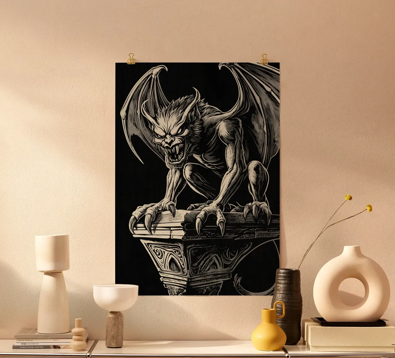 Gargoyle a denti stretti su una colonna poster con telaio in alluminio da pixelbull - medieval art and more