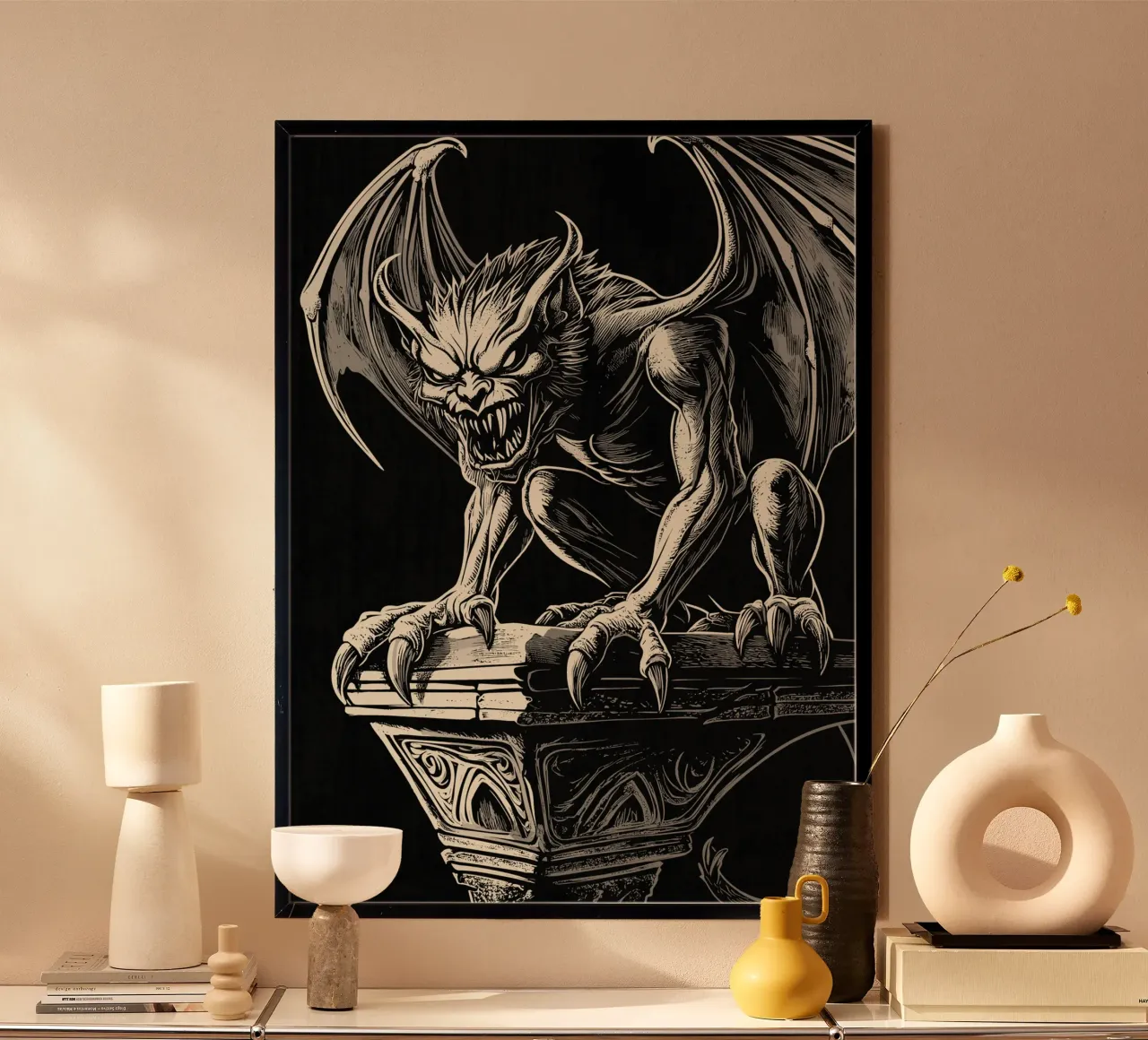 Gargoyle a denti stretti su una colonna poster con telaio in alluminio da pixelbull - medieval art and more