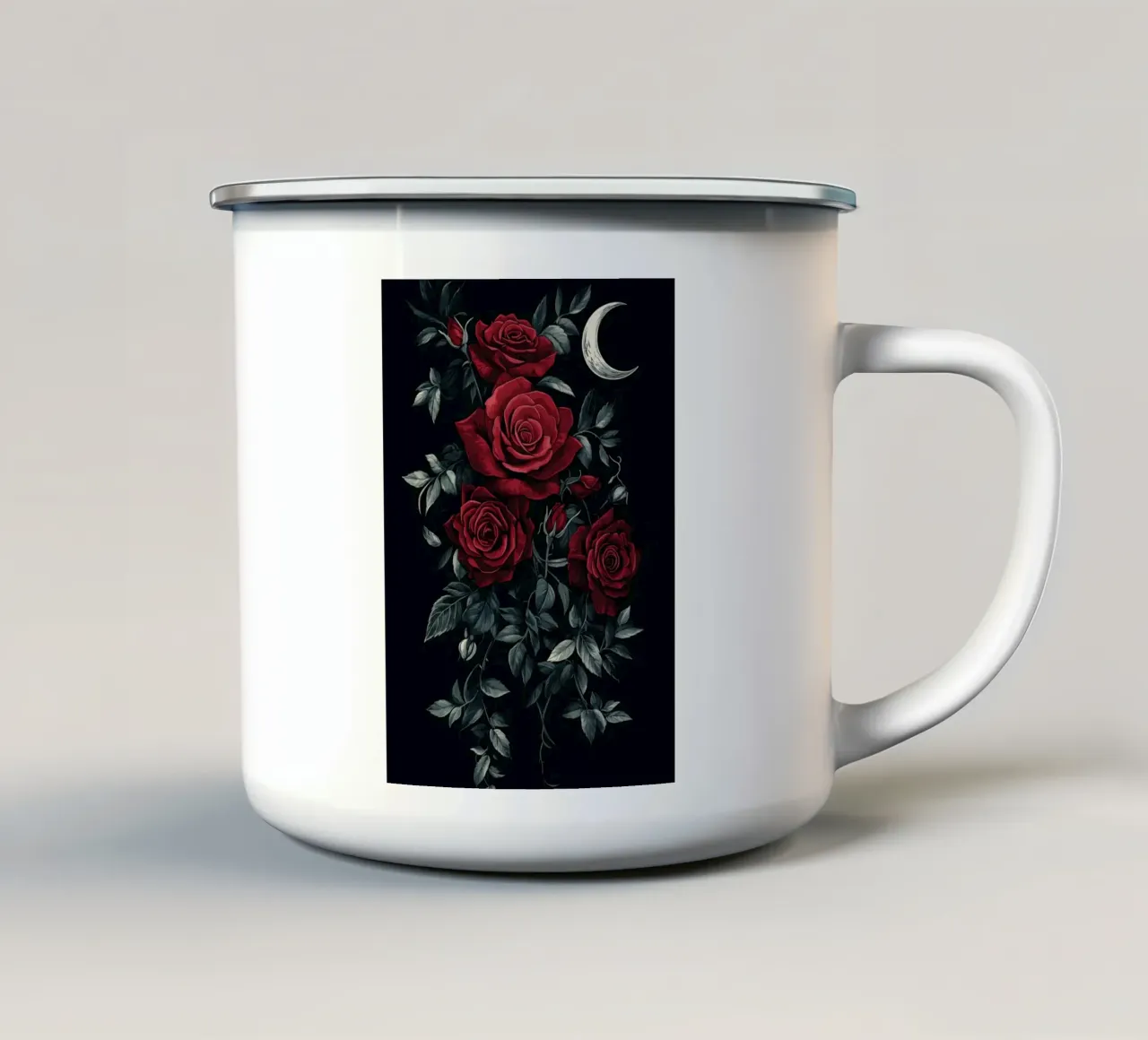 Rose in fiore al chiaro di luna tazza in smalto da pixelbull - medieval art and more