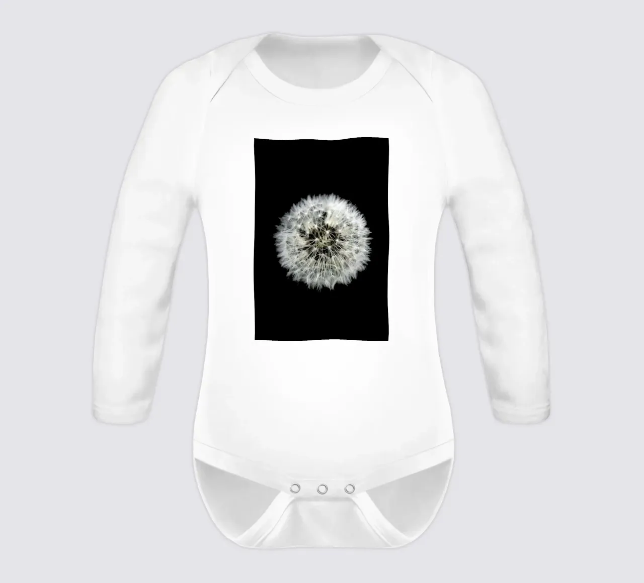 Black and White Dandelion long-sleeve baby romper by Studio Nahili