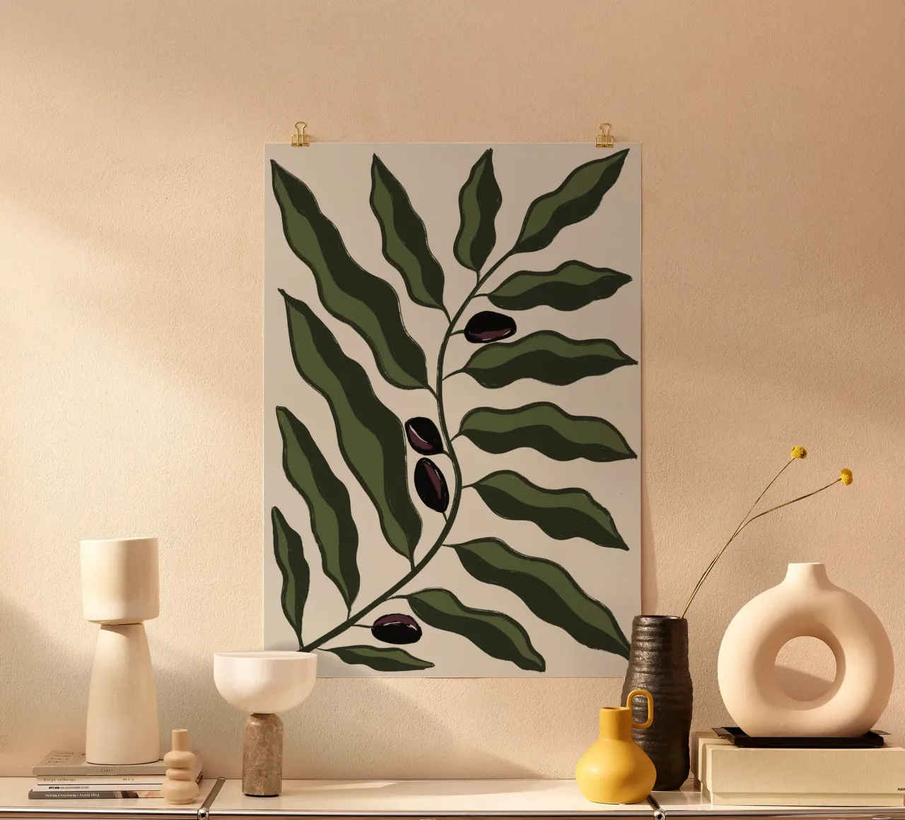 Ramo d'ulivo astratto poster con telaio in legno da Sixmai