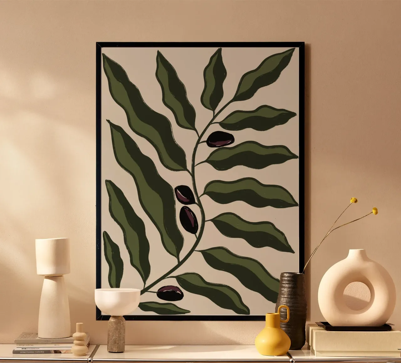 Ramo d'ulivo astratto poster con telaio in legno da Sixmai