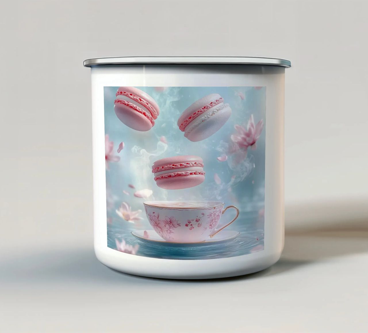 Momenti magici con i macarons galleggianti tazza in smalto da M-Ulrich-Digital Art