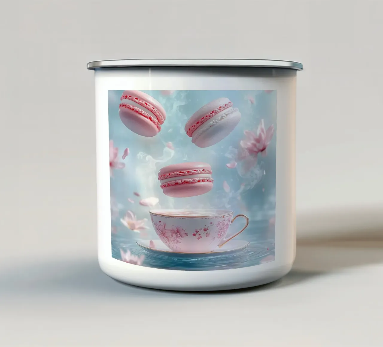 Momenti magici con i macarons galleggianti tazza in smalto da M-Ulrich-Digital Art