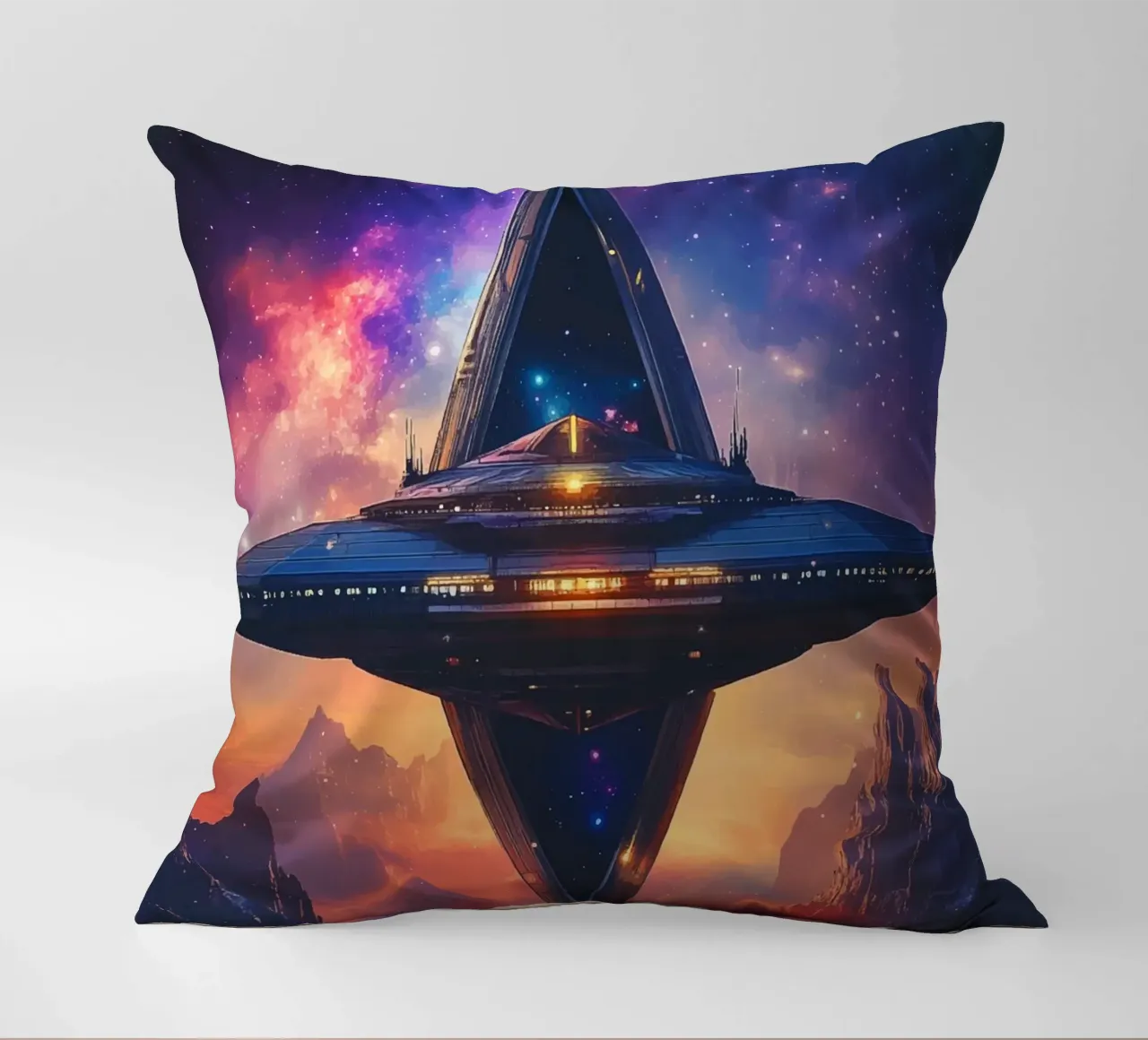 Stazione spaziale davanti a un cielo galattico cuscino da pixelbull - medieval art and more