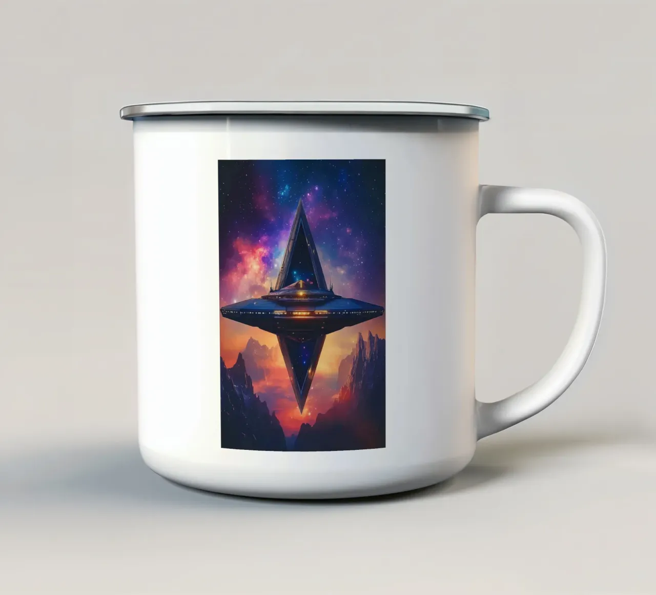 Stazione spaziale davanti a un cielo galattico tazza in smalto da pixelbull - medieval art and more