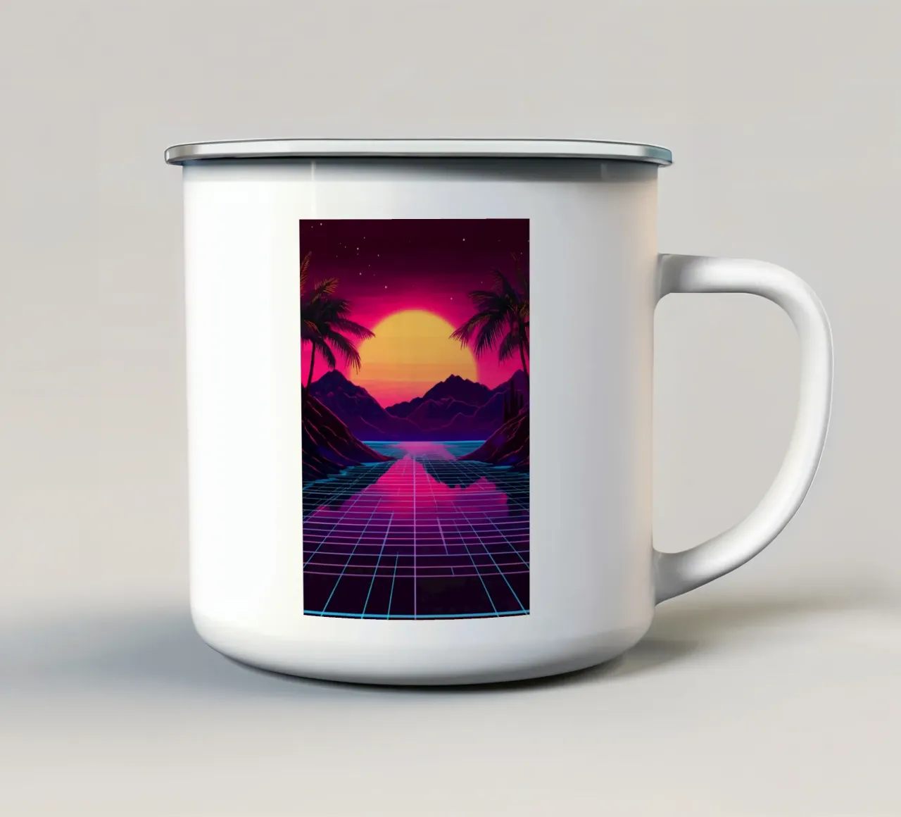 Tramonto retro synthwave tazza in smalto da pixelbull - medieval art and more