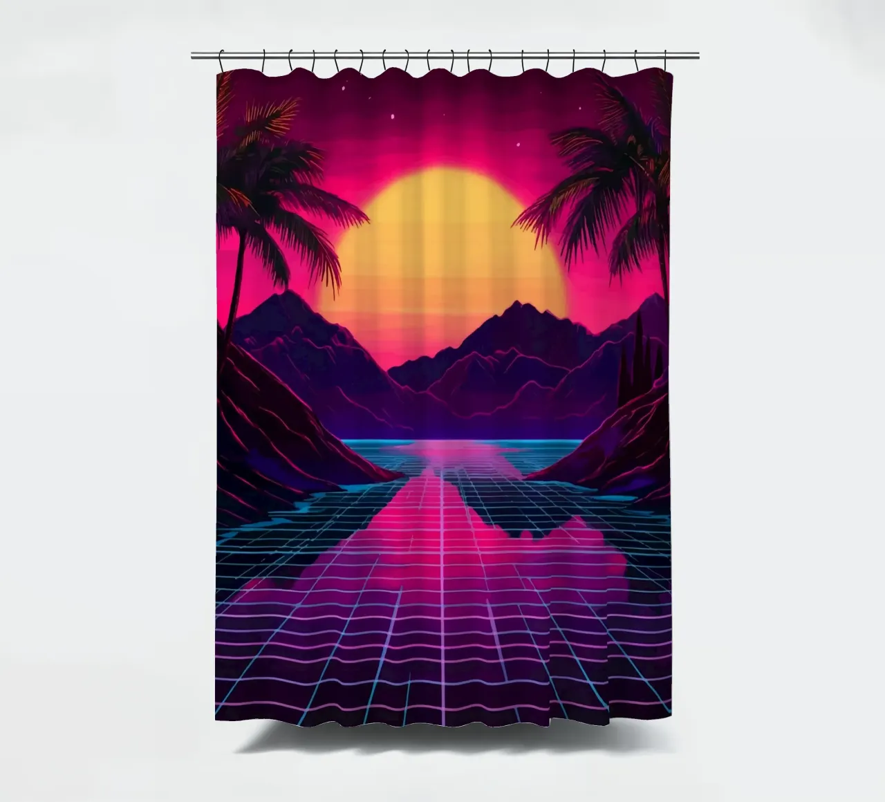 Tramonto retro synthwave tenda da doccia da pixelbull - medieval art and more