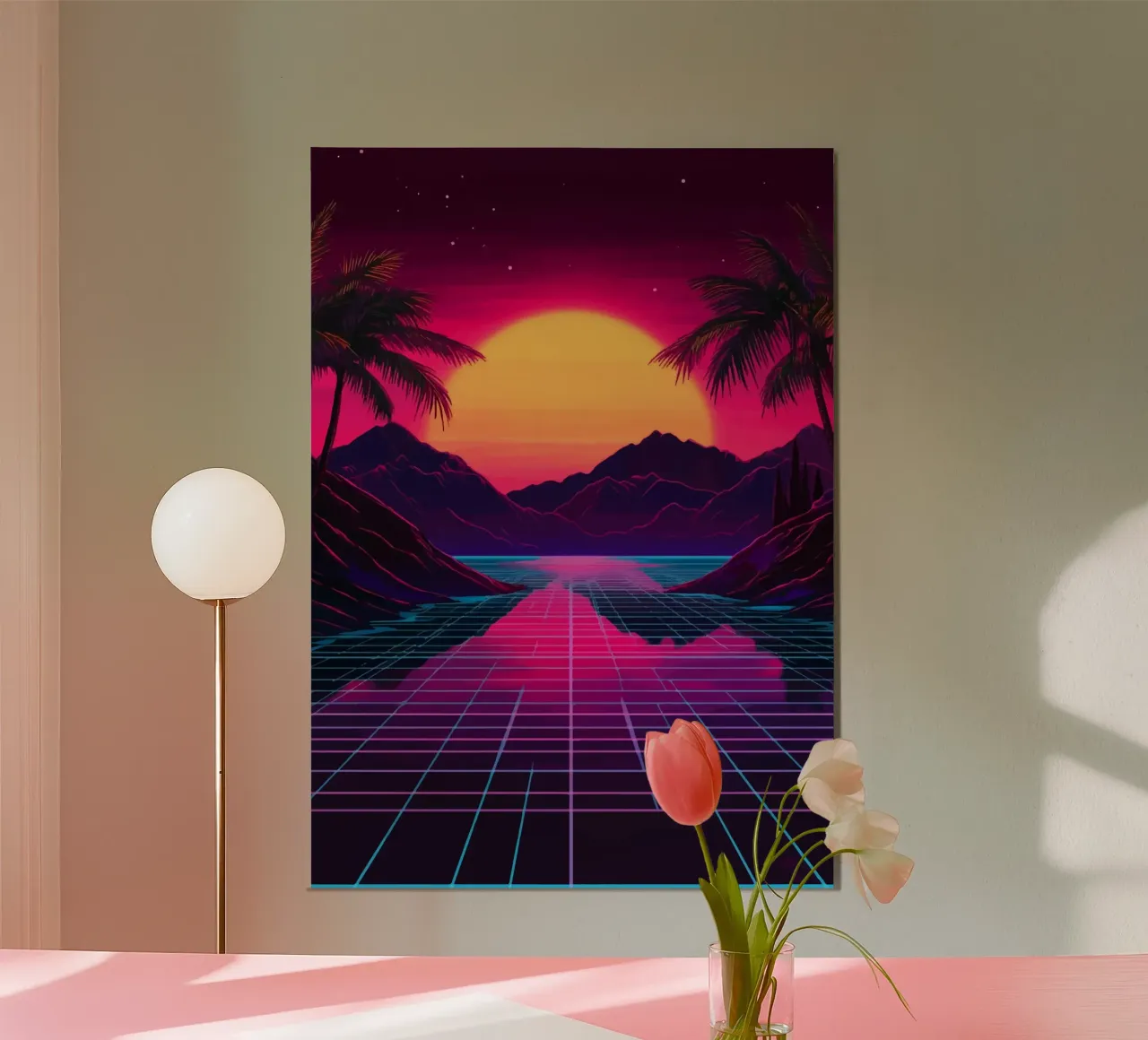Tramonto retro synthwave alluminio dibond da pixelbull - medieval art and more